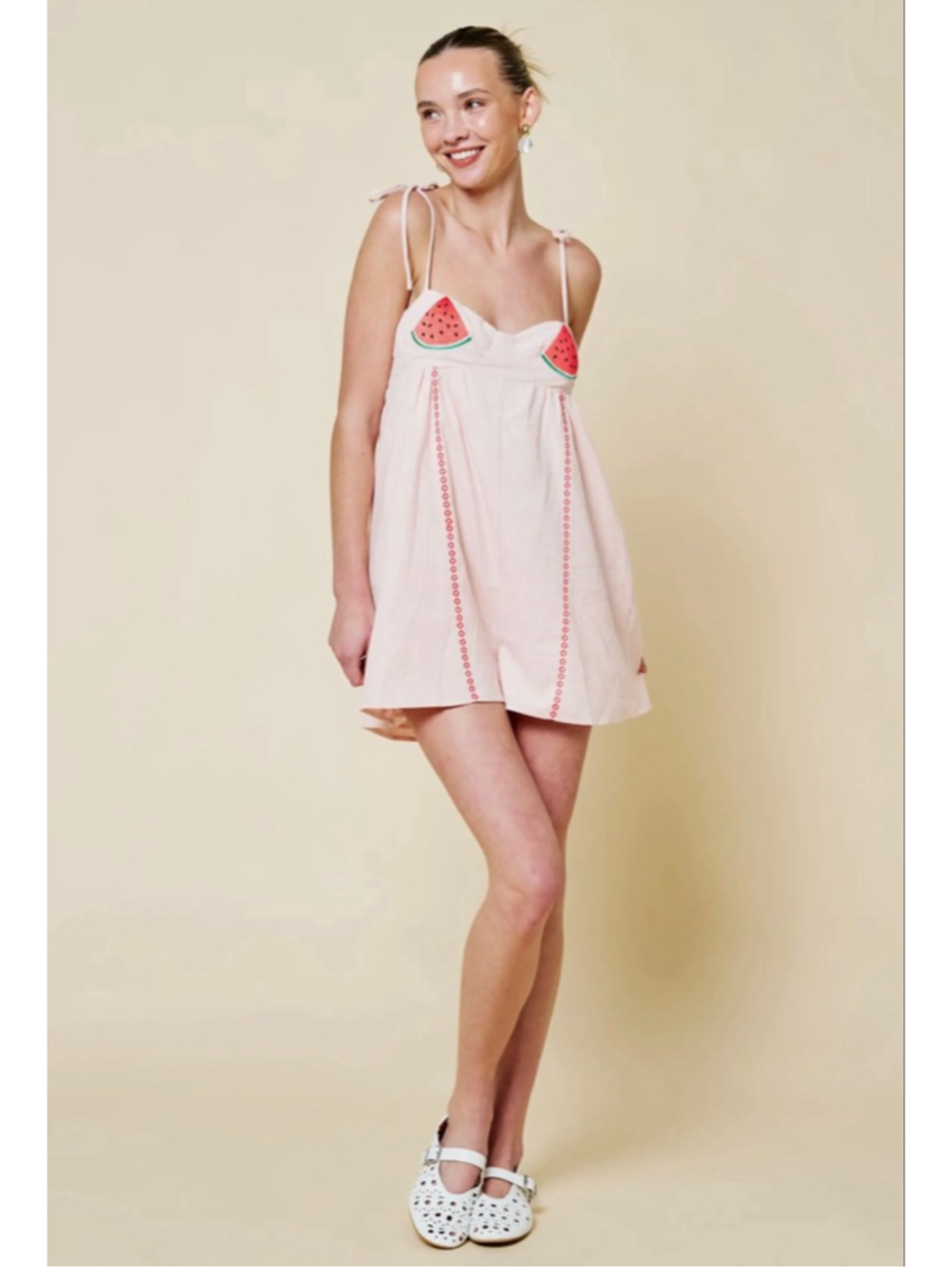 Super cute light pink watermelon embroidered romper! Small, medium, and large!